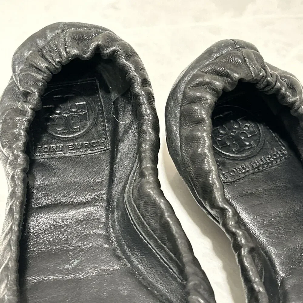 TORY BURCH KATIE BLACK LEATHER GOLD GLITTER TOES BALLET FLATS,Size 7 M EUC